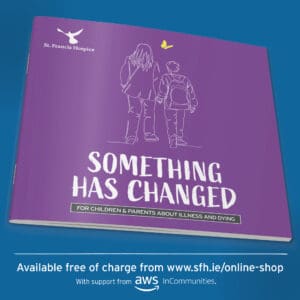 Image of book "Something has changed" with purple cover and graphic of adult and child from behind walking hand in hand with a yellow butterfly hovering above them.